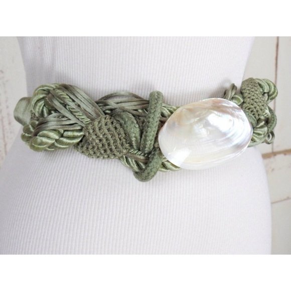 70s vintage green braided Abalone shell rope belt woven chord - Picture 3 of 5